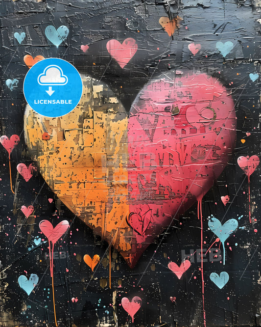 Vibrant Pop Art Graffiti Heart: Grunge Street Art with Spray Painted Hearts in Hot Pink, Black, Red, Aqua, Yellow, Blue, and White