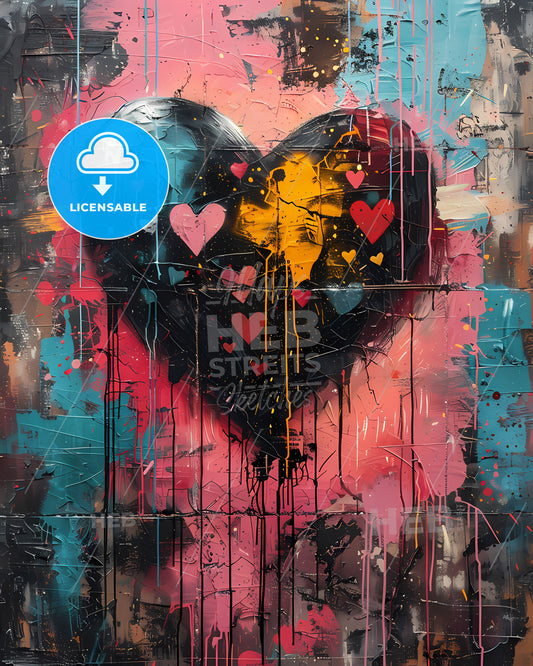 Colorful graffiti heart wall art painting, street art, vibrant modern pop art, hot pink, black, red, aqua, yellow, blue, white