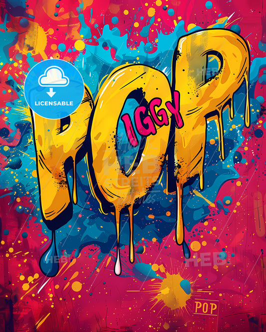Vibrant Geometric Pop Art Painting: Graphics, Circle Screening, Vivid Colors, IGGY and POP Splashed in Ultra Wide Angle View