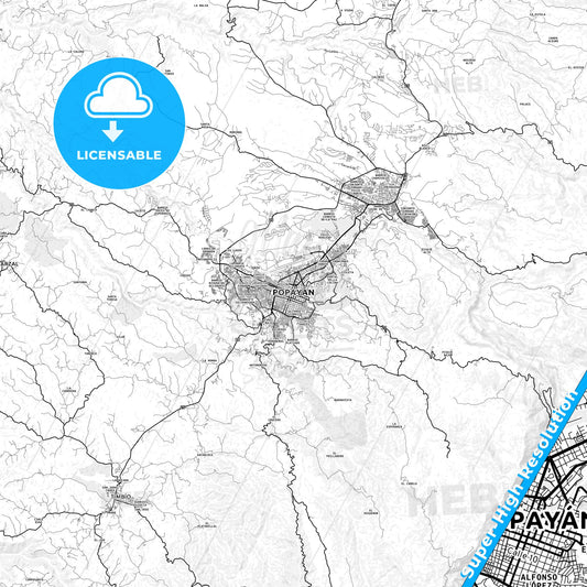 Popayan, Colombia light map with streetnames, citynames and districts