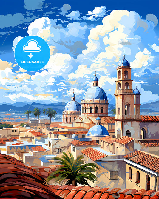 Vibrant Latin American City Painting: Popayan Colombia Skyline with Blue Domes and Mountain