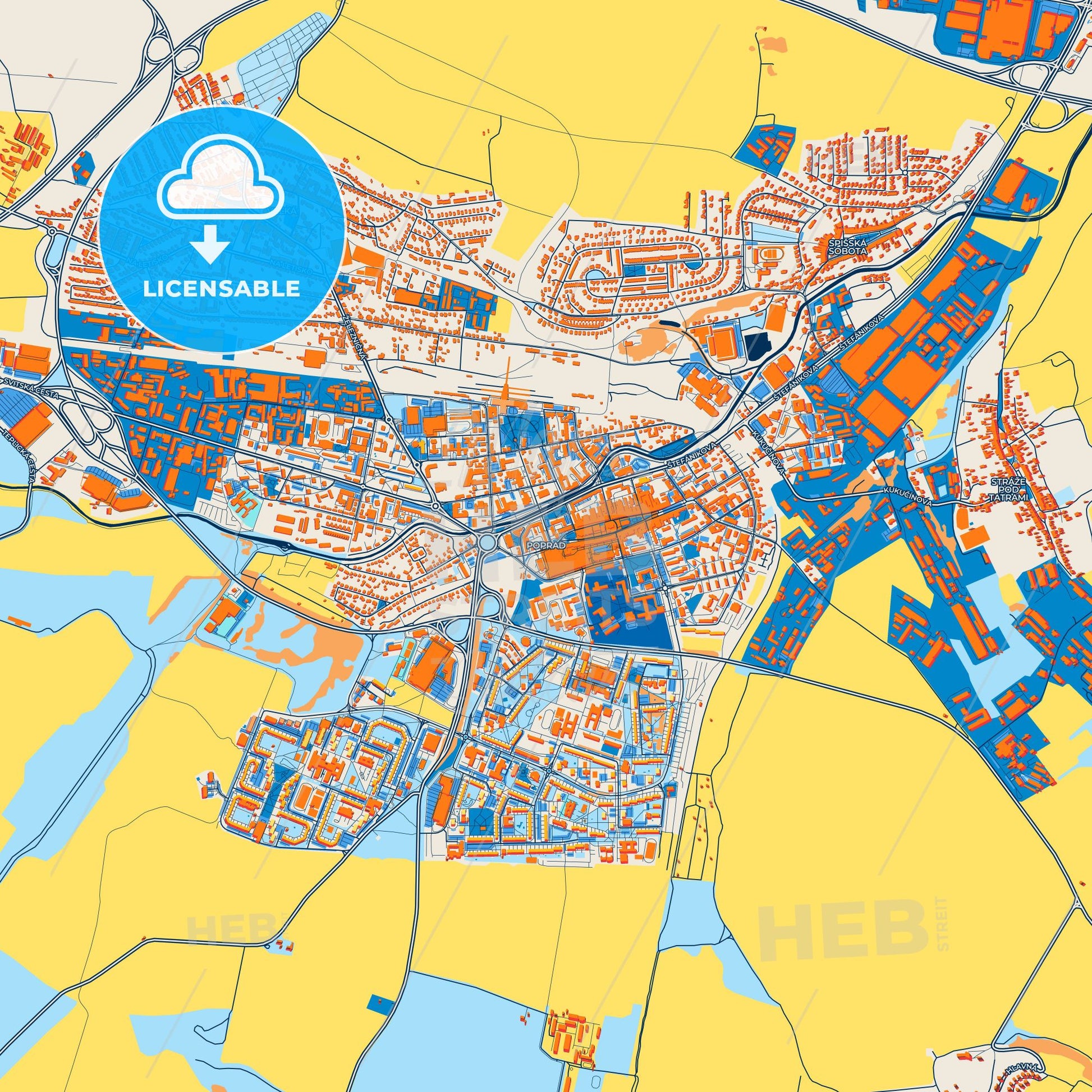 Colorful Poprad Street Map with Labels and Buildings