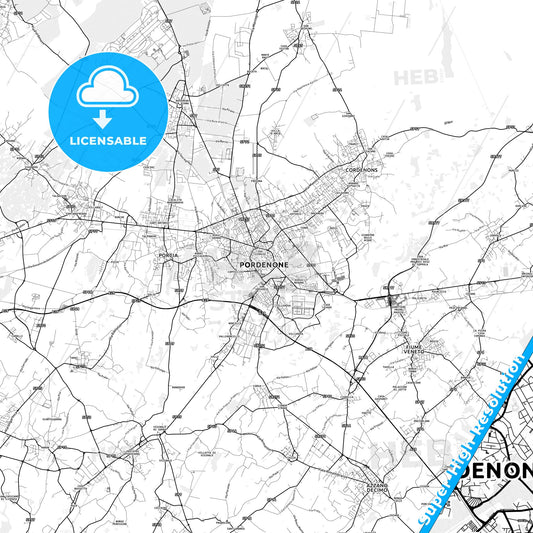 Pordenone, Italy light map with streetnames, citynames and districts