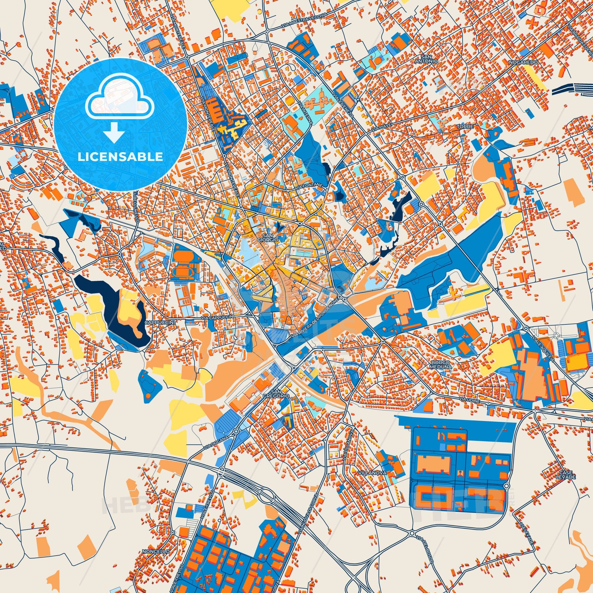 Colorful Pordenone Street Map with Labels and Buildings