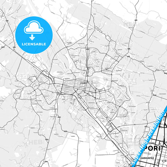 Pori, Finland light map with streetnames, citynames and districts