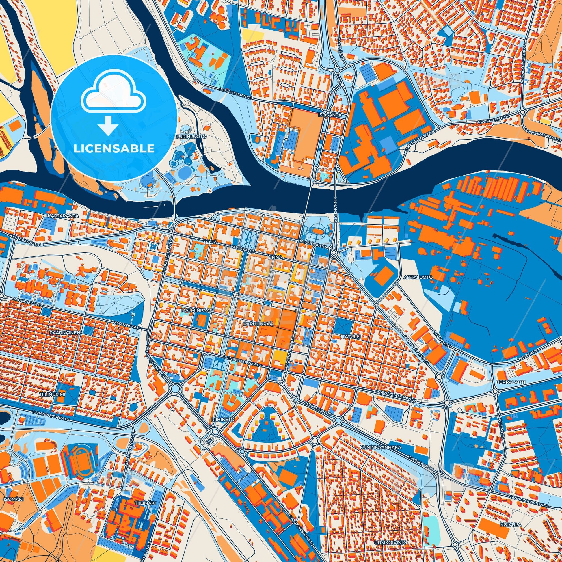 Colorful Pori Street Map with Labels and Buildings