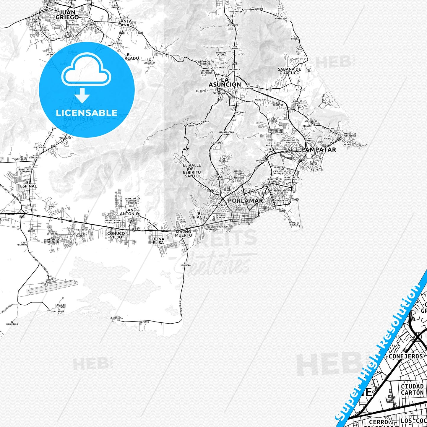 Porlamar, Venezuela light map with streetnames, citynames and districts