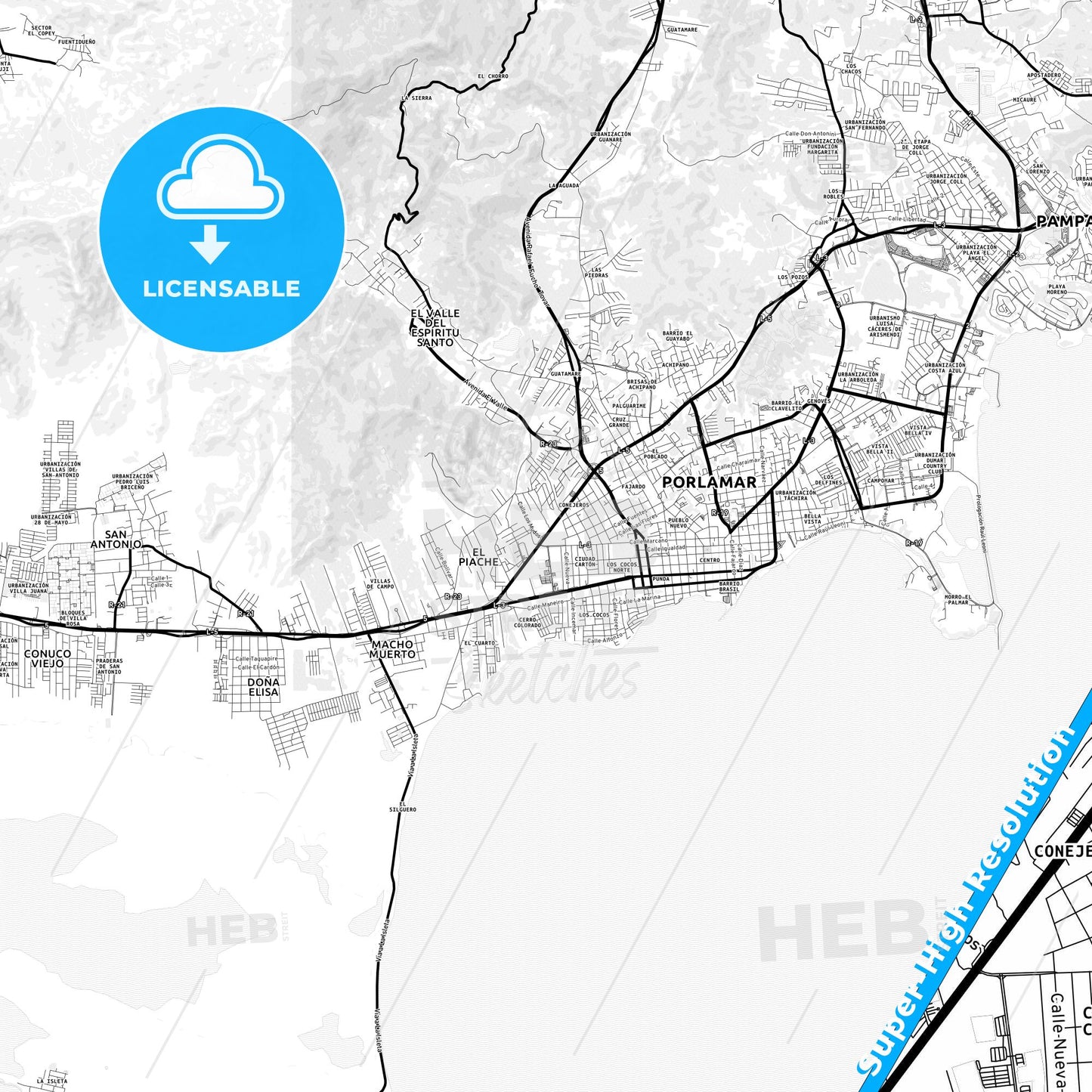 Porlamar, Venezuela Light Map with Street Names, City Names, and Districts