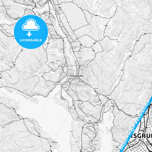 Porsgrunn, Norway light map with streetnames, citynames and districts