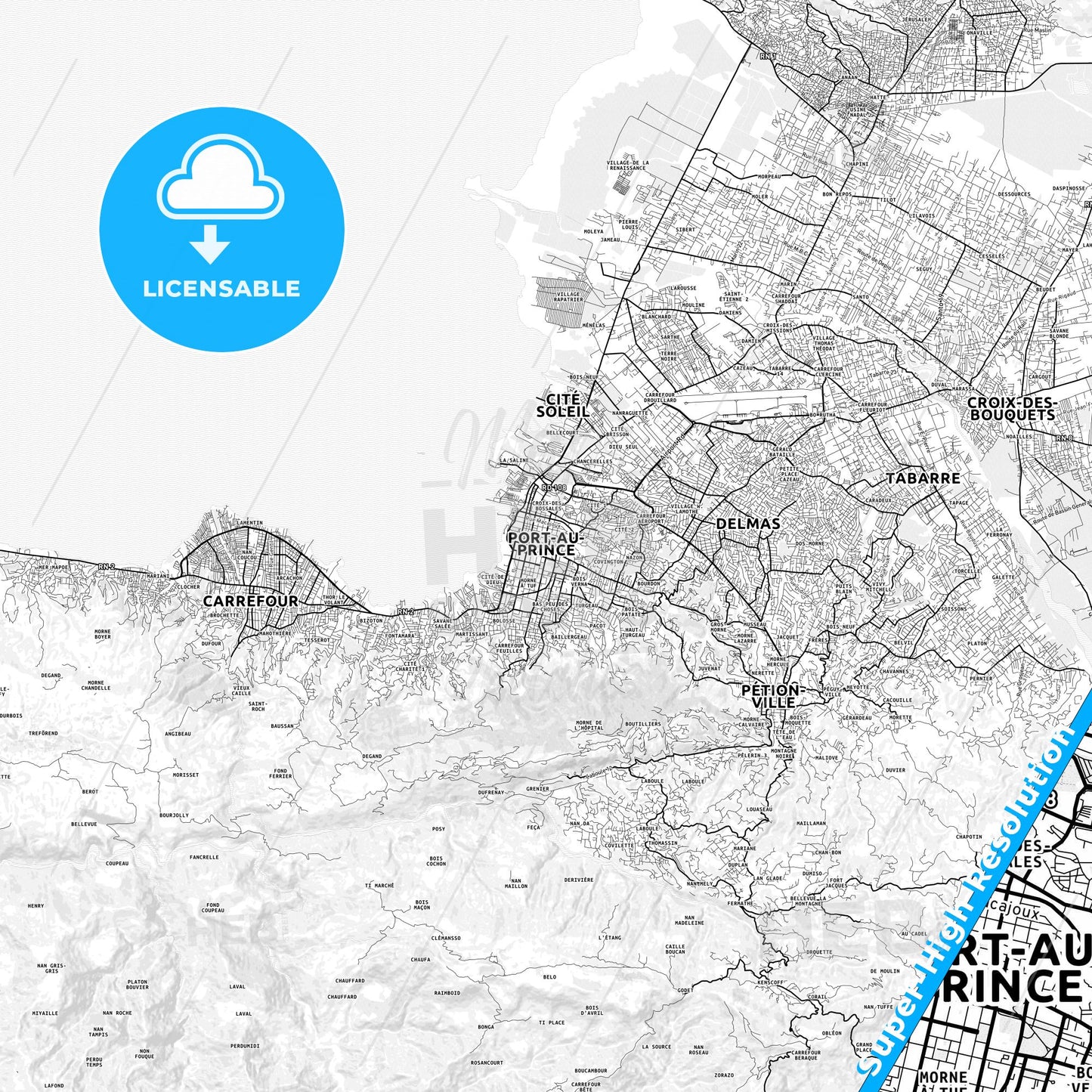Port-au-Prince, Haiti light map with streetnames, citynames and districts