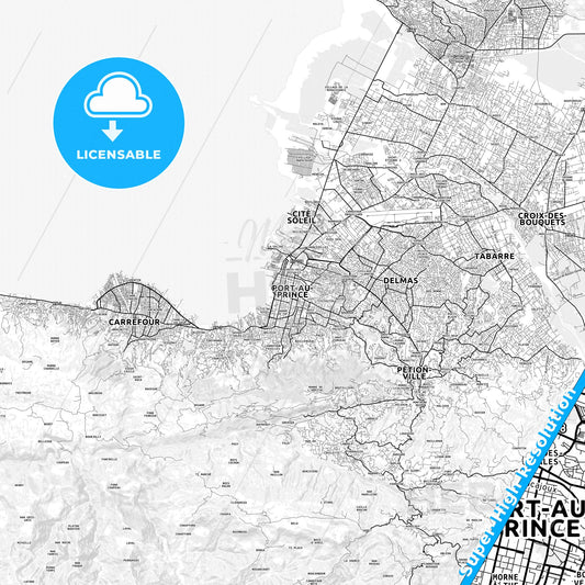 Port-au-Prince, Haiti light map with streetnames, citynames and districts