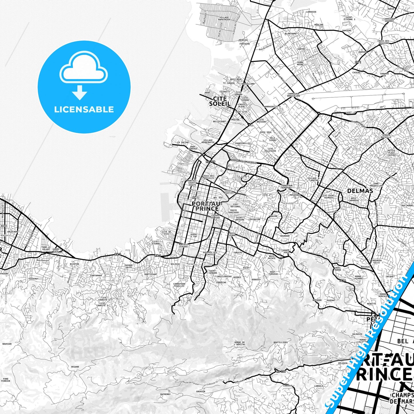 Port-au-Prince, Haiti Light Map with Street Names, City Names, and Districts