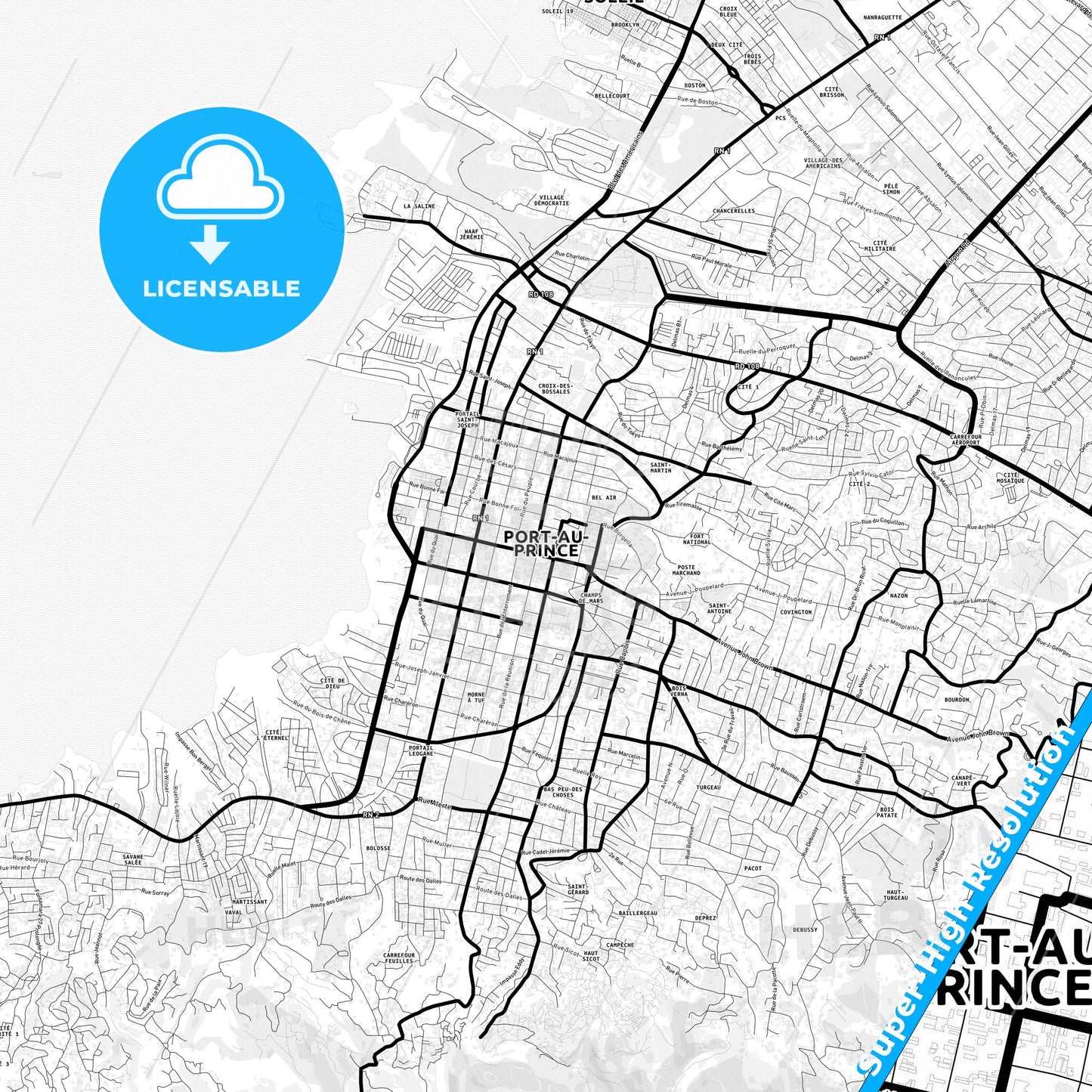 Port-au-Prince, Haiti Light Map with Street Names, City Names, and Districts