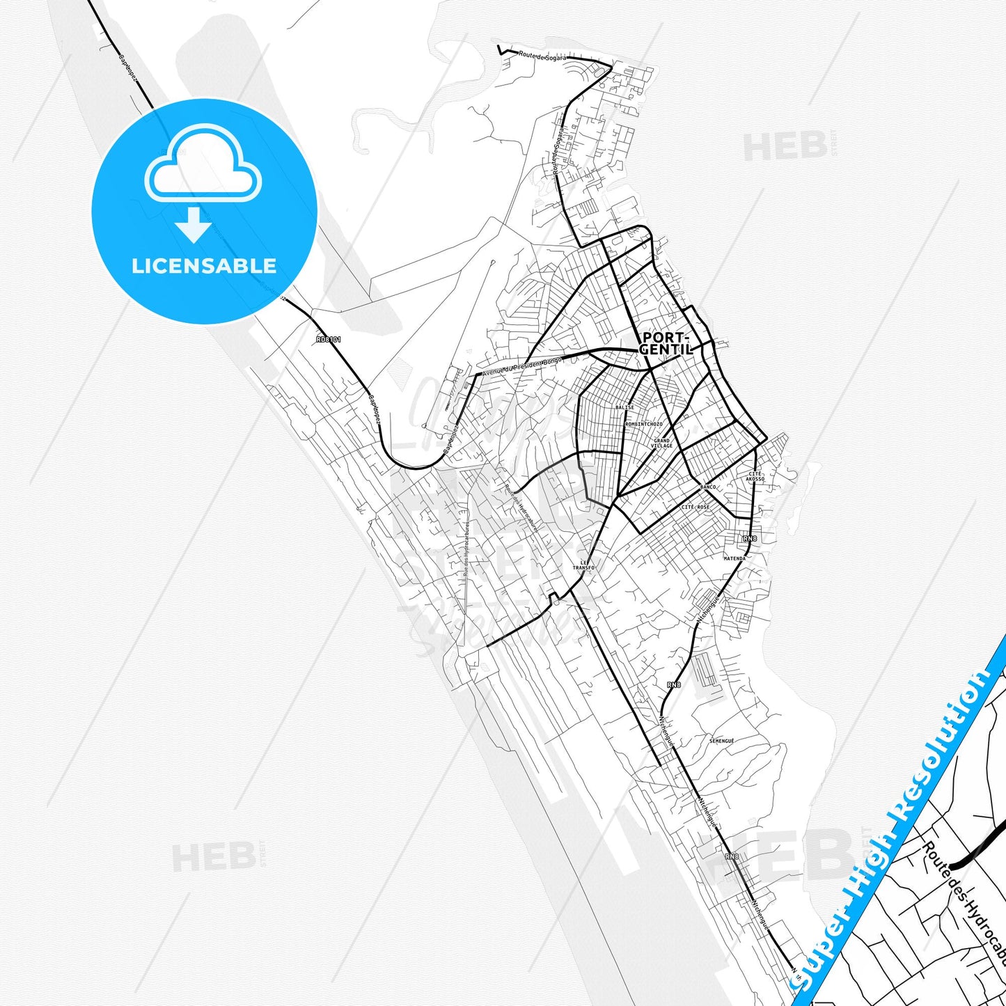 Port-Gentil, Gabon Light Map with Street Names, City Names, and Districts