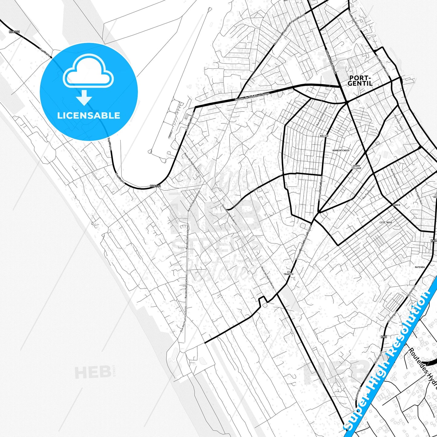 Port-Gentil, Gabon Light Map with Street Names, City Names, and Districts
