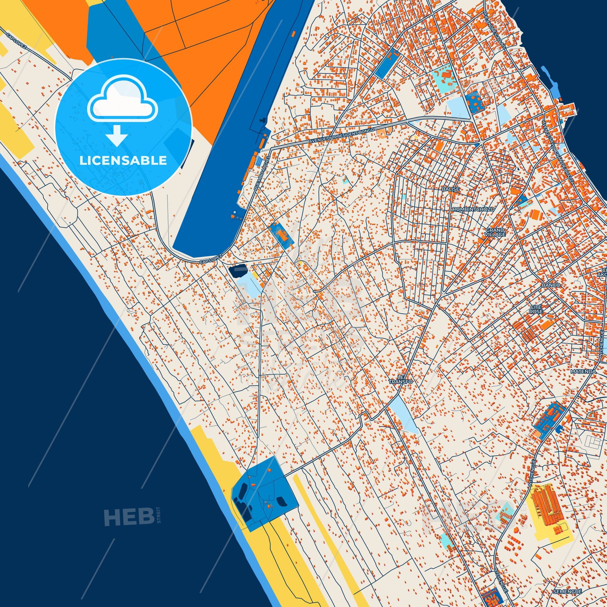 Colorful Port-Gentil Street Map with Labels and Buildings