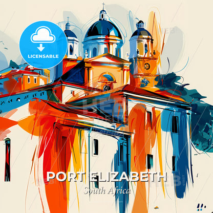 Vibrant Port Elizabeth, South Africa - A Painting Of A Building With A Clock Tower - Square format print template