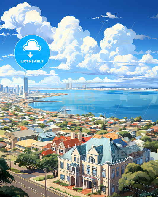 Vibrant Port Elizabeth Cityscape Painting: South African Urban Art by the Water