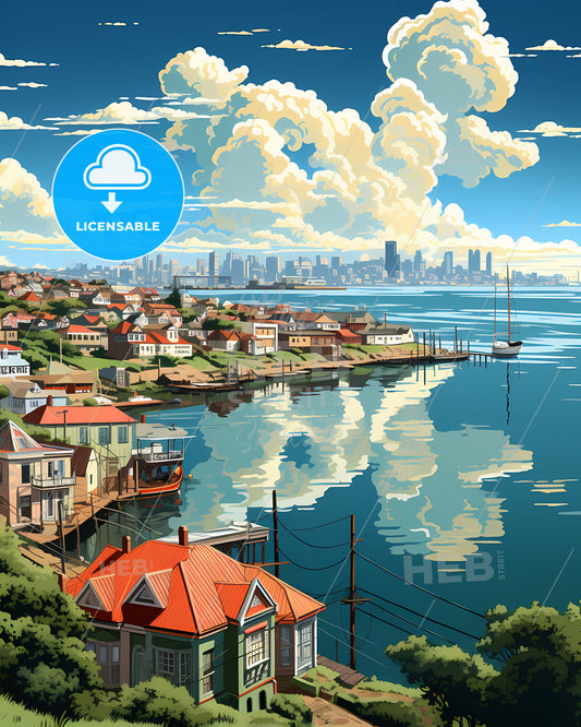 Expressive Painting of Port Elizabeth Skyline, South Africa, by the Ocean