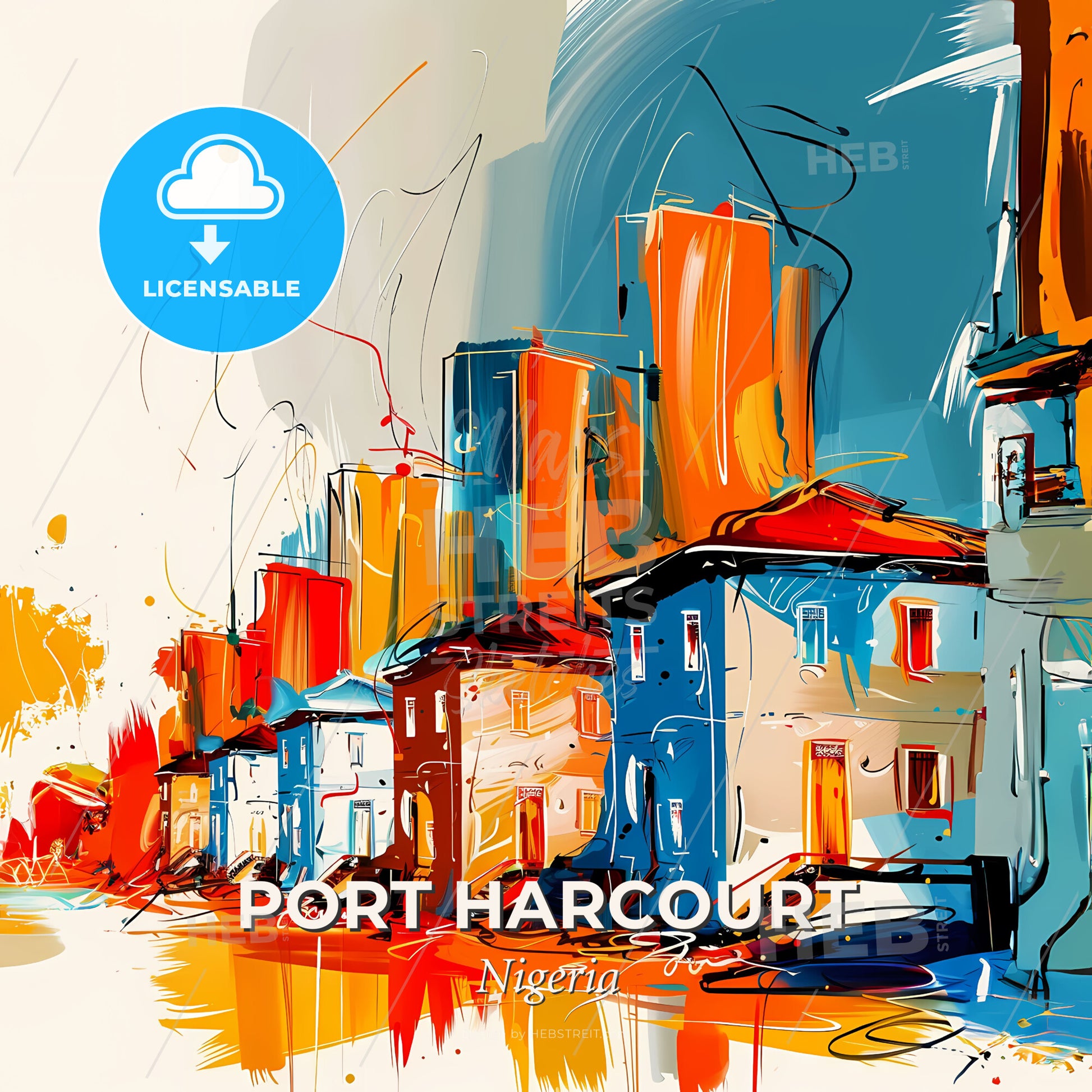 Vibrant Port Harcourt, Nigeria - A Row Of Buildings With Colorful Buildings In The Background - Square format print template