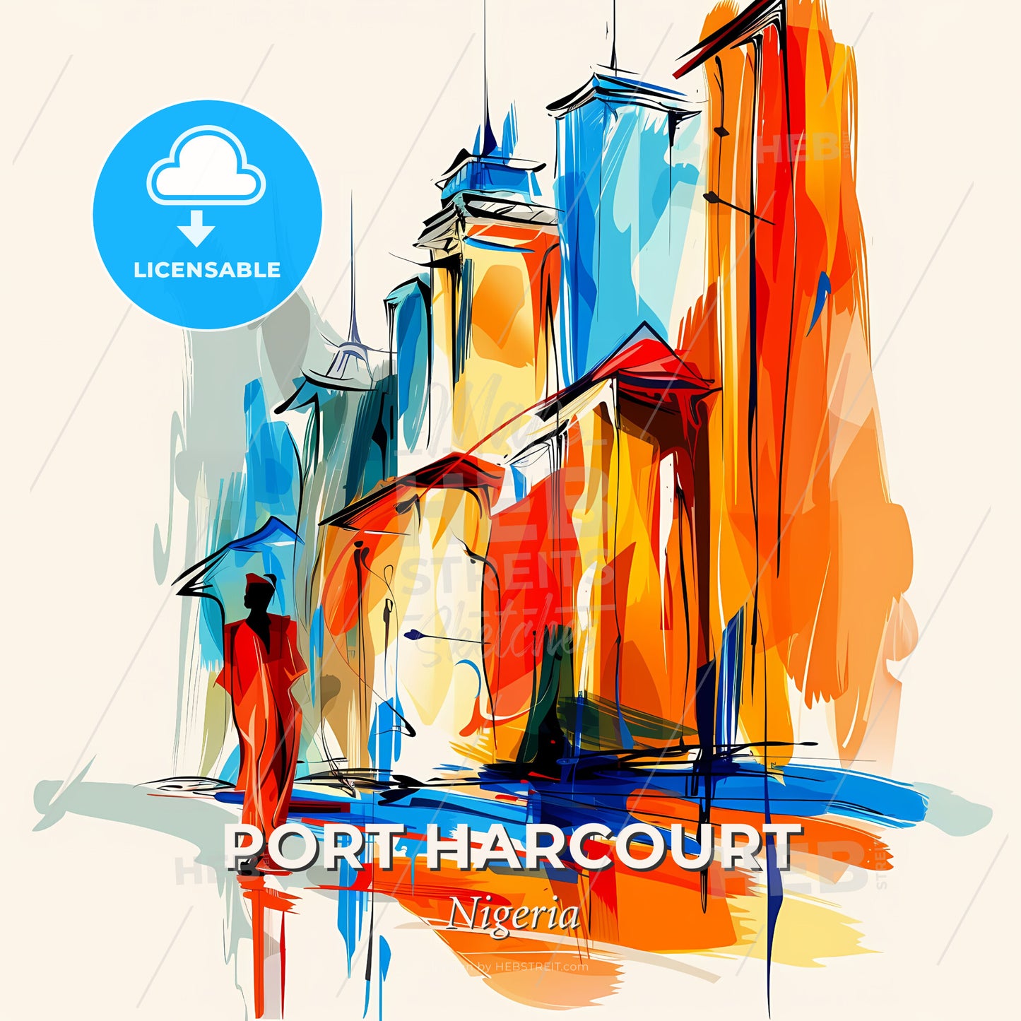 Vibrant Port Harcourt, Nigeria - A Painting Of A Man Holding An Umbrella - Square format print template