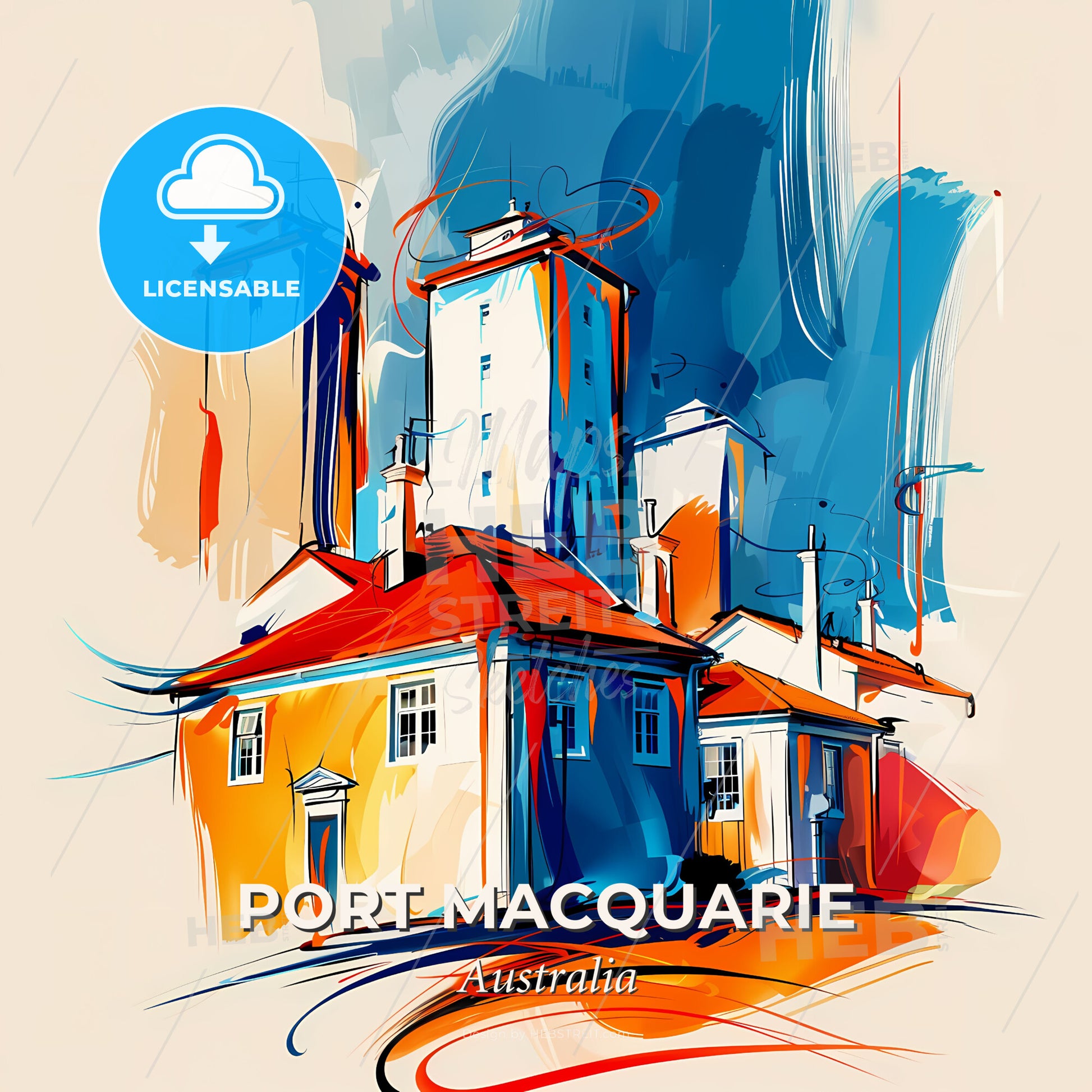 Vibrant Port Macquarie, Australia - A Painting Of Buildings And Towers - Square format print template