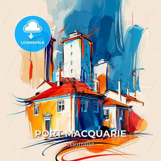 Vibrant Port Macquarie, Australia - A Painting Of Buildings And Towers - Square format print template
