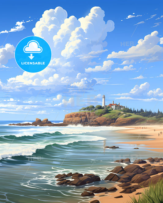 Vibrant Beachscape Artwork: Port Macquarie Skyline with Lighthouse and Rolling Waves