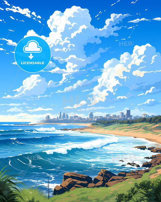 Port Macquarie Beach City Skyline, Australia, Digital Painting, Vibrant Artwork, Waves, Cityscape, Travel