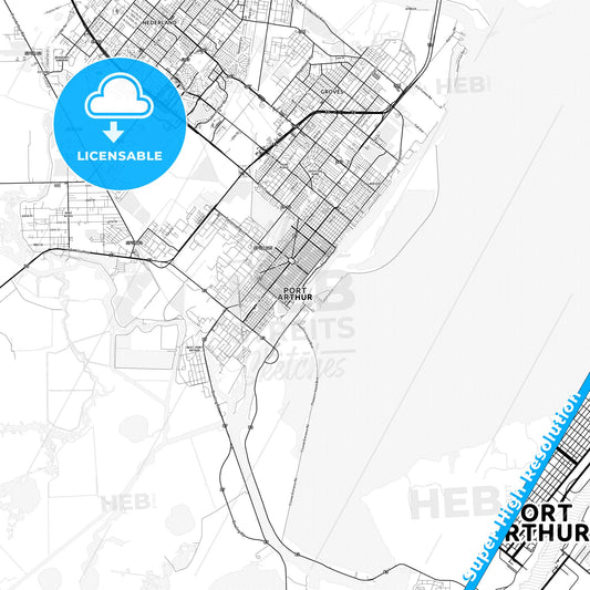 Port Arthur, Texas light map with streetnames, citynames and districts