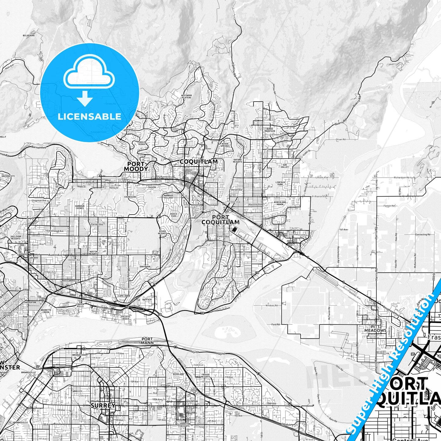 Port Coquitlam, Canada light map with streetnames, citynames and districts