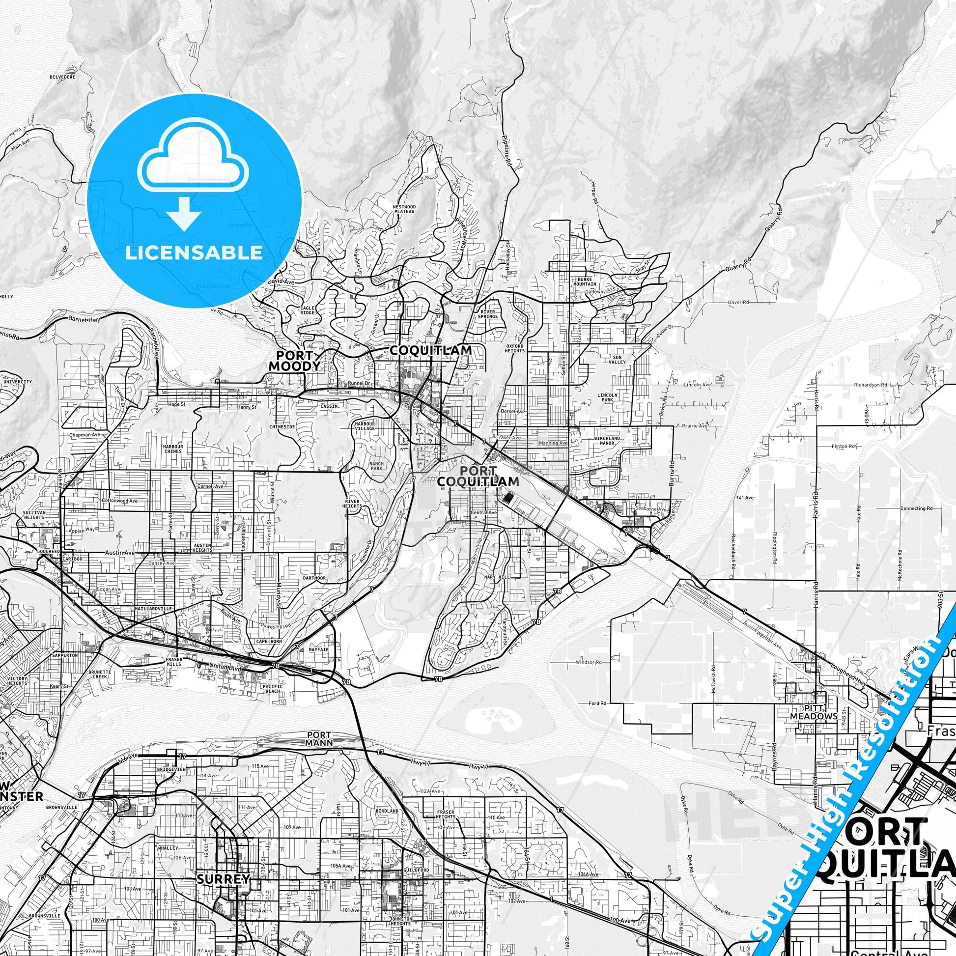 Port Coquitlam, Canada light map with streetnames, citynames and districts