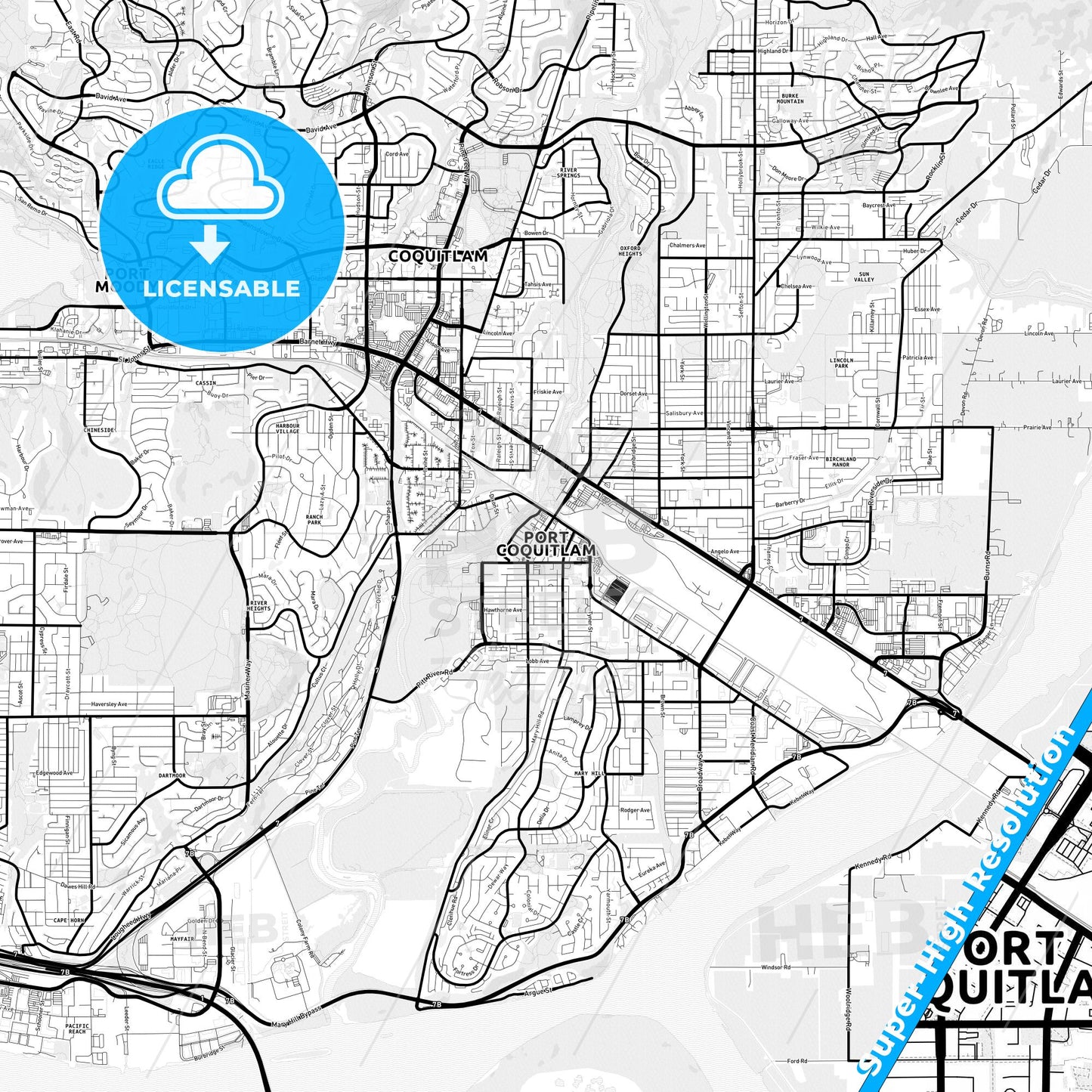 Port Coquitlam, Canada Light Map with Street Names, City Names, and Districts