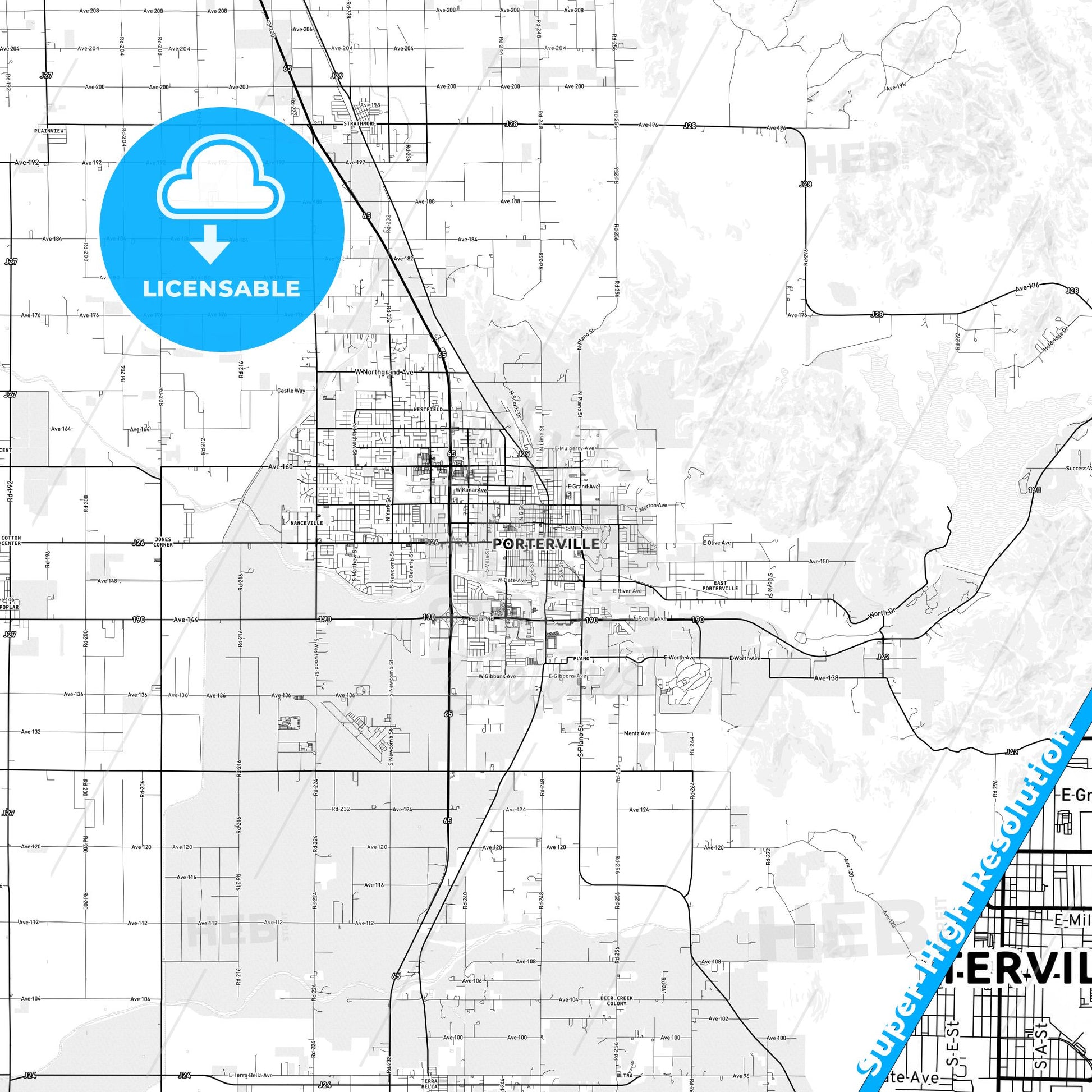 Porterville, California light map with streetnames, citynames and districts