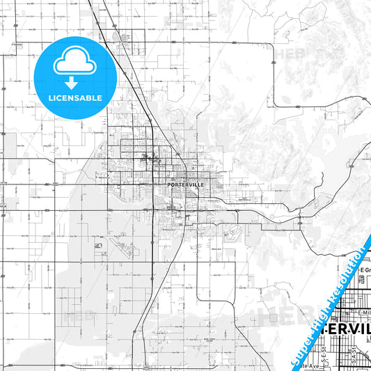 Porterville, California light map with streetnames, citynames and districts