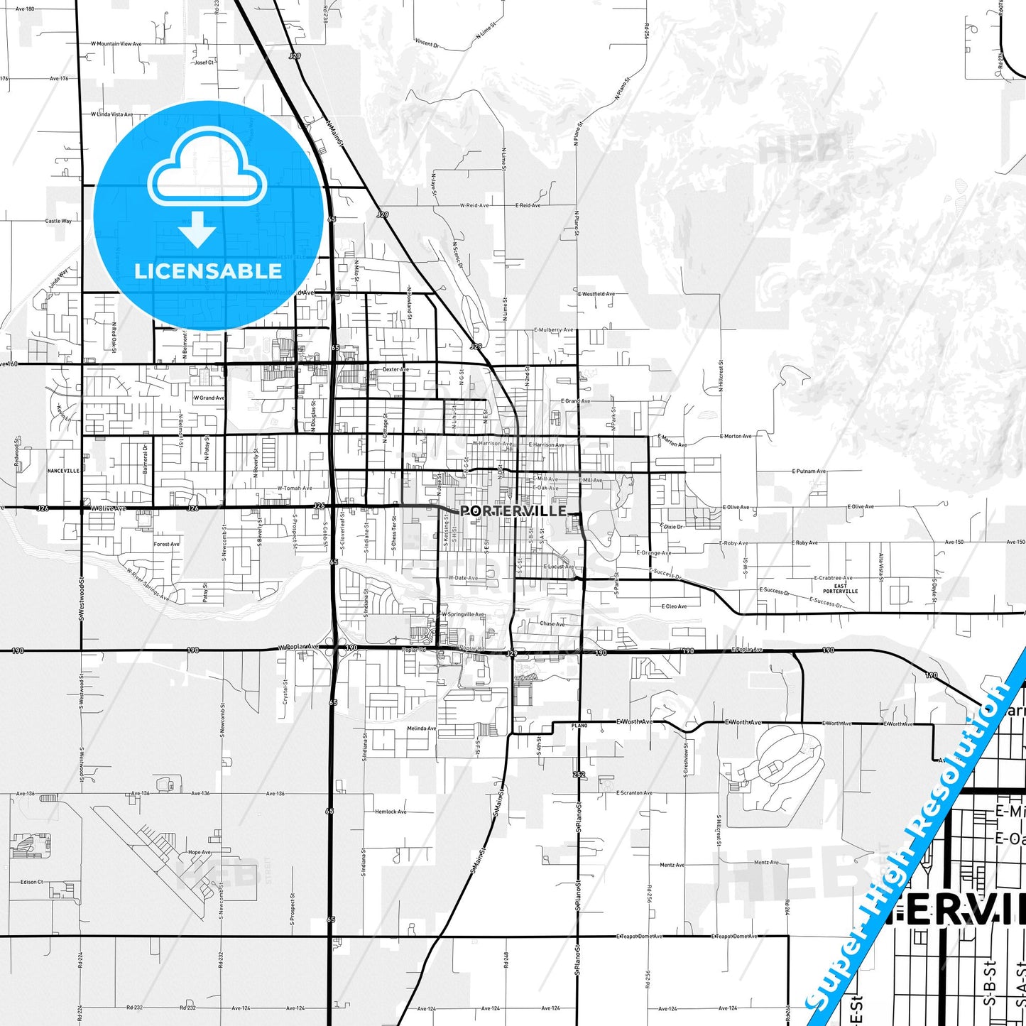 Porterville, California Light Map with Street Names, City Names, and Districts