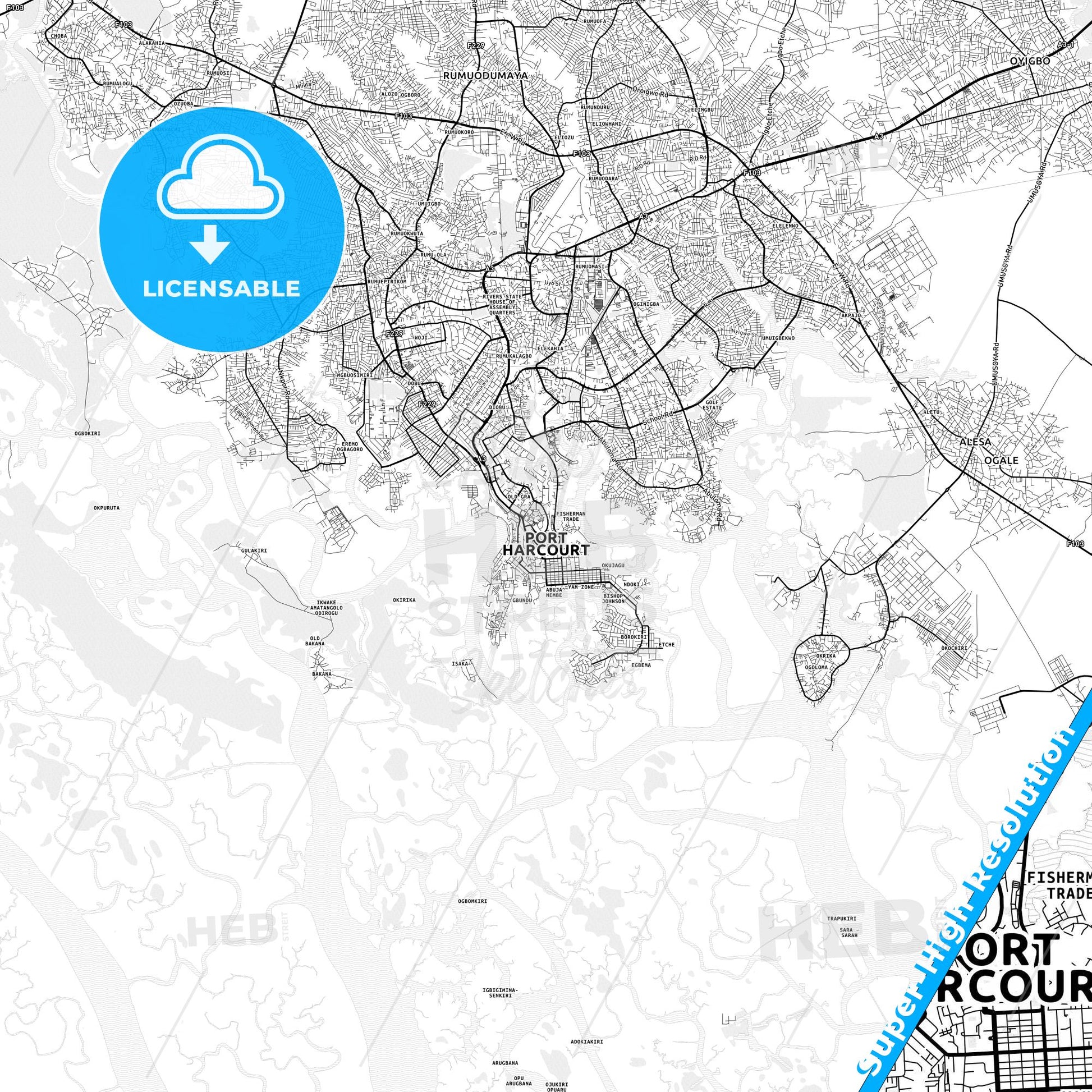 Port Harcourt, Nigeria light map with streetnames, citynames and districts
