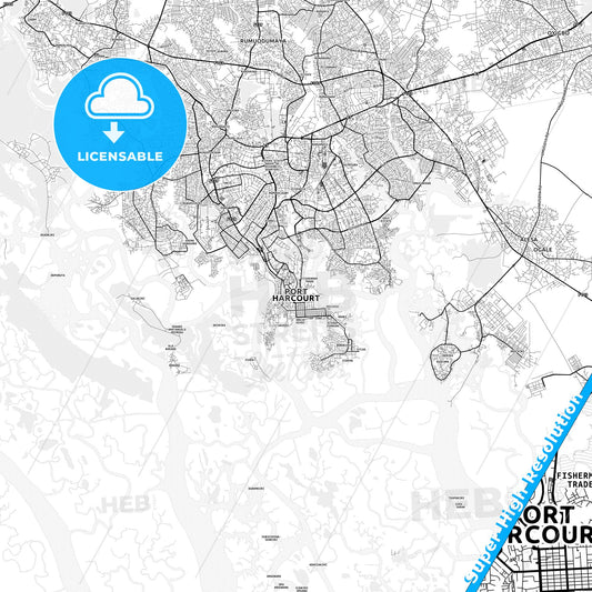 Port Harcourt, Nigeria light map with streetnames, citynames and districts