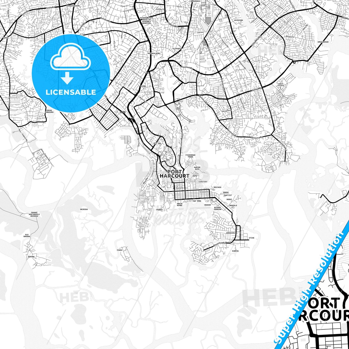 Port Harcourt, Nigeria Light Map with Street Names, City Names, and Districts