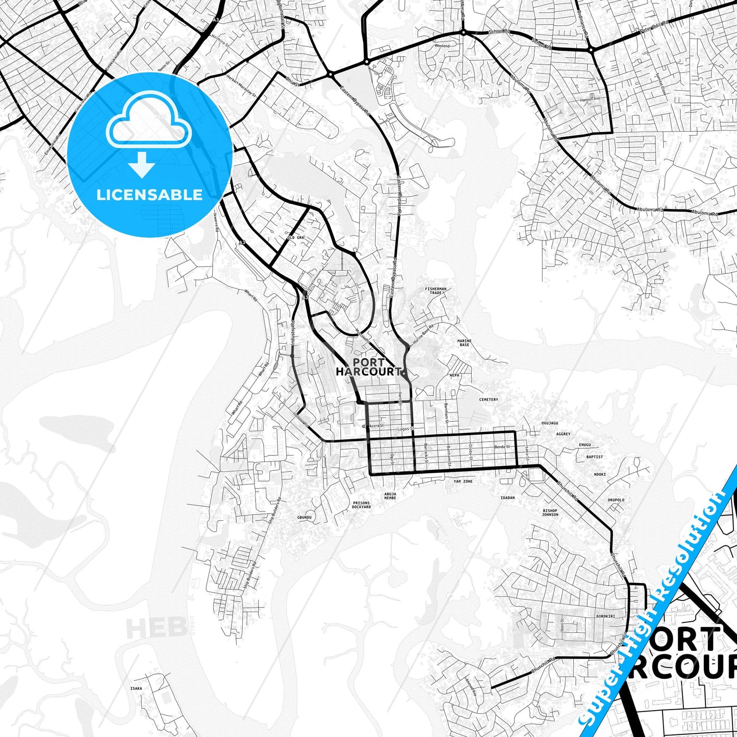 Port Harcourt, Nigeria Light Map with Street Names, City Names, and Districts