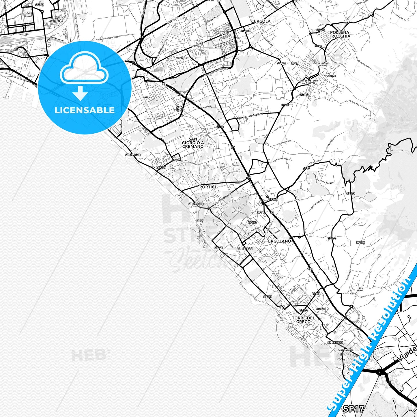Portici, Italy Light Map with Street Names, City Names, and Districts