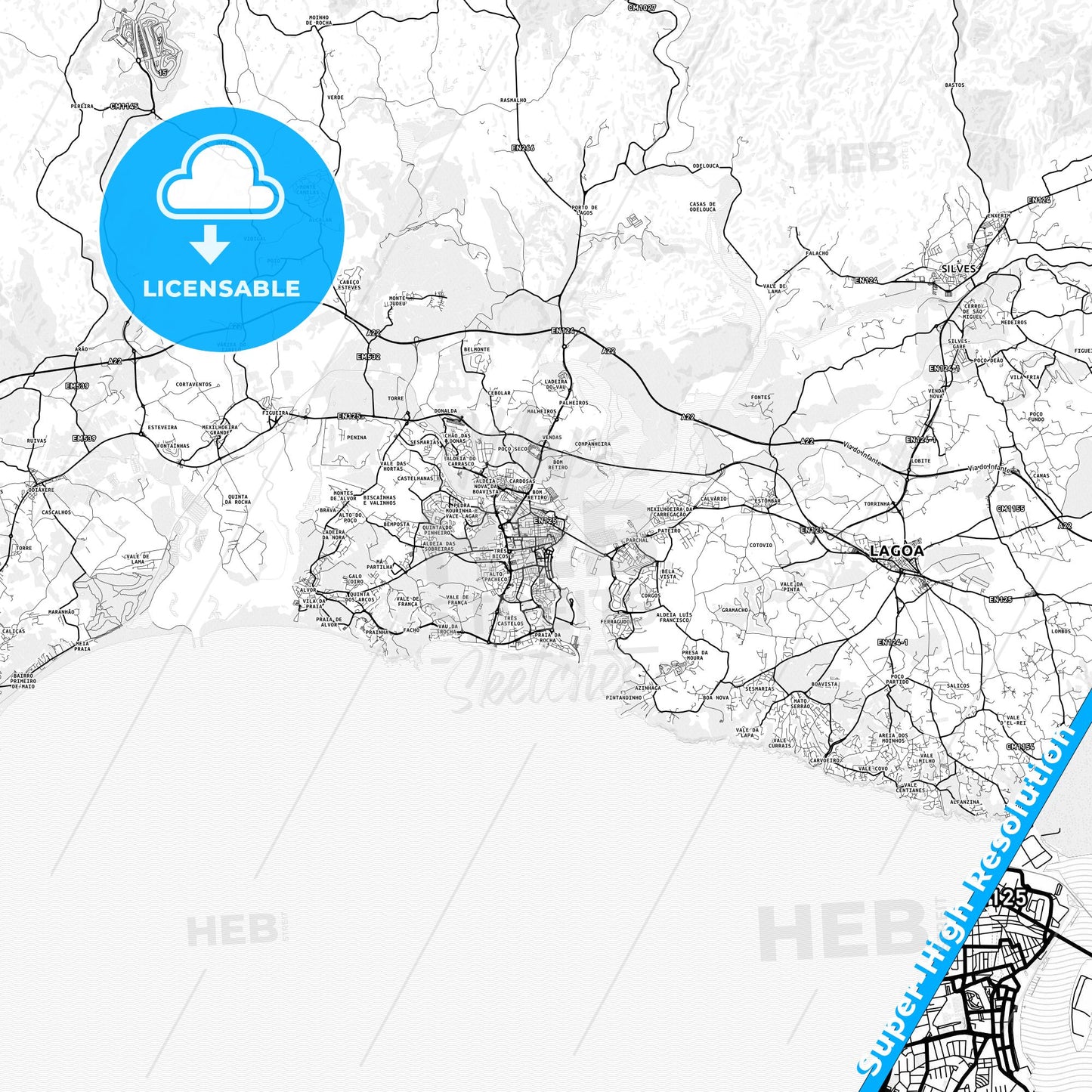 Portimão, Portugal light map with streetnames, citynames and districts