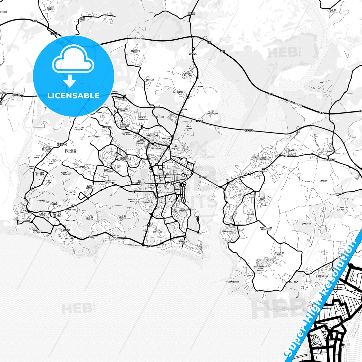 Portimão, Portugal Light Map with Street Names, City Names, and Districts
