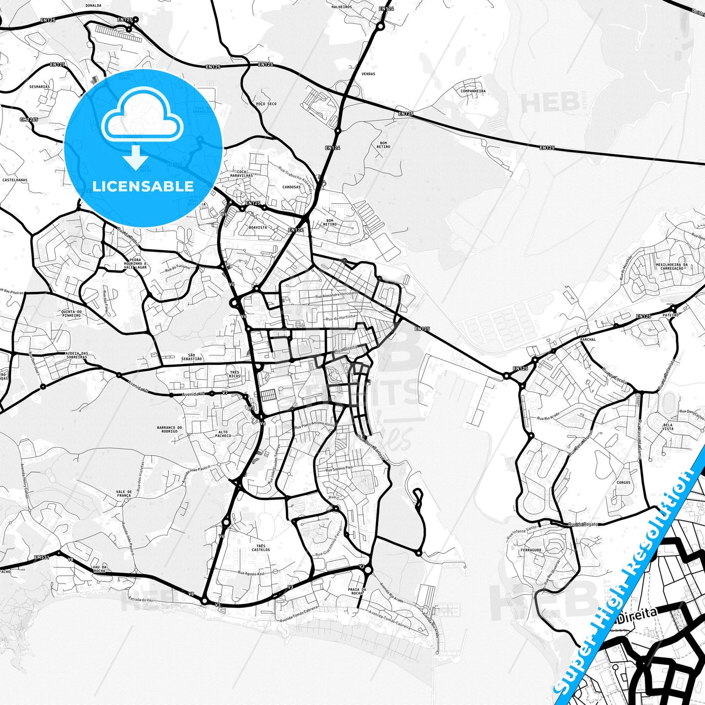 Portimão, Portugal Light Map with Street Names, City Names, and Districts