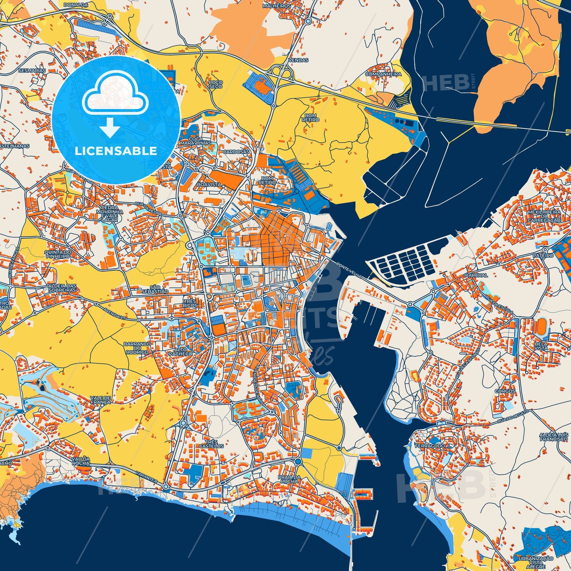 Colorful Portimão Street Map with Labels and Buildings