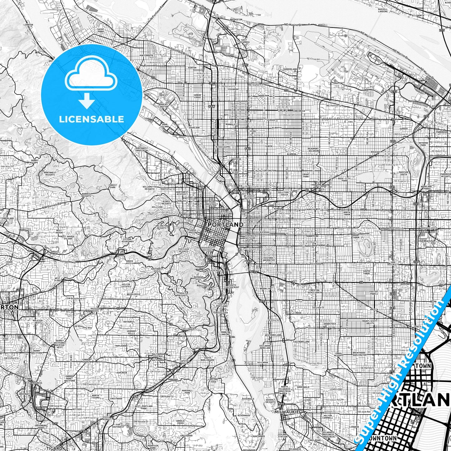 Portland, Oregon light map with streetnames, citynames and districts