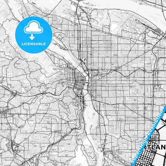Portland, Oregon light map with streetnames, citynames and districts