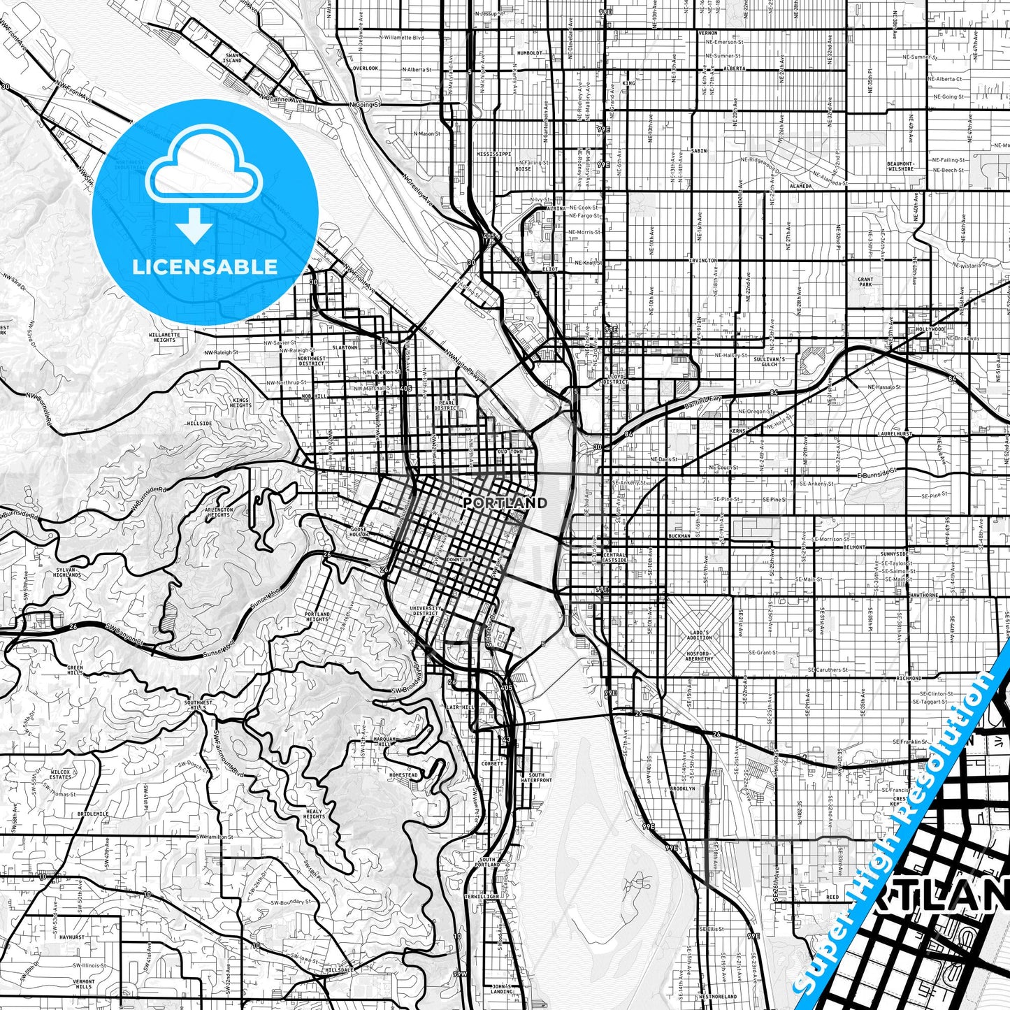 Portland, Oregon Light Map with Street Names, City Names, and Districts