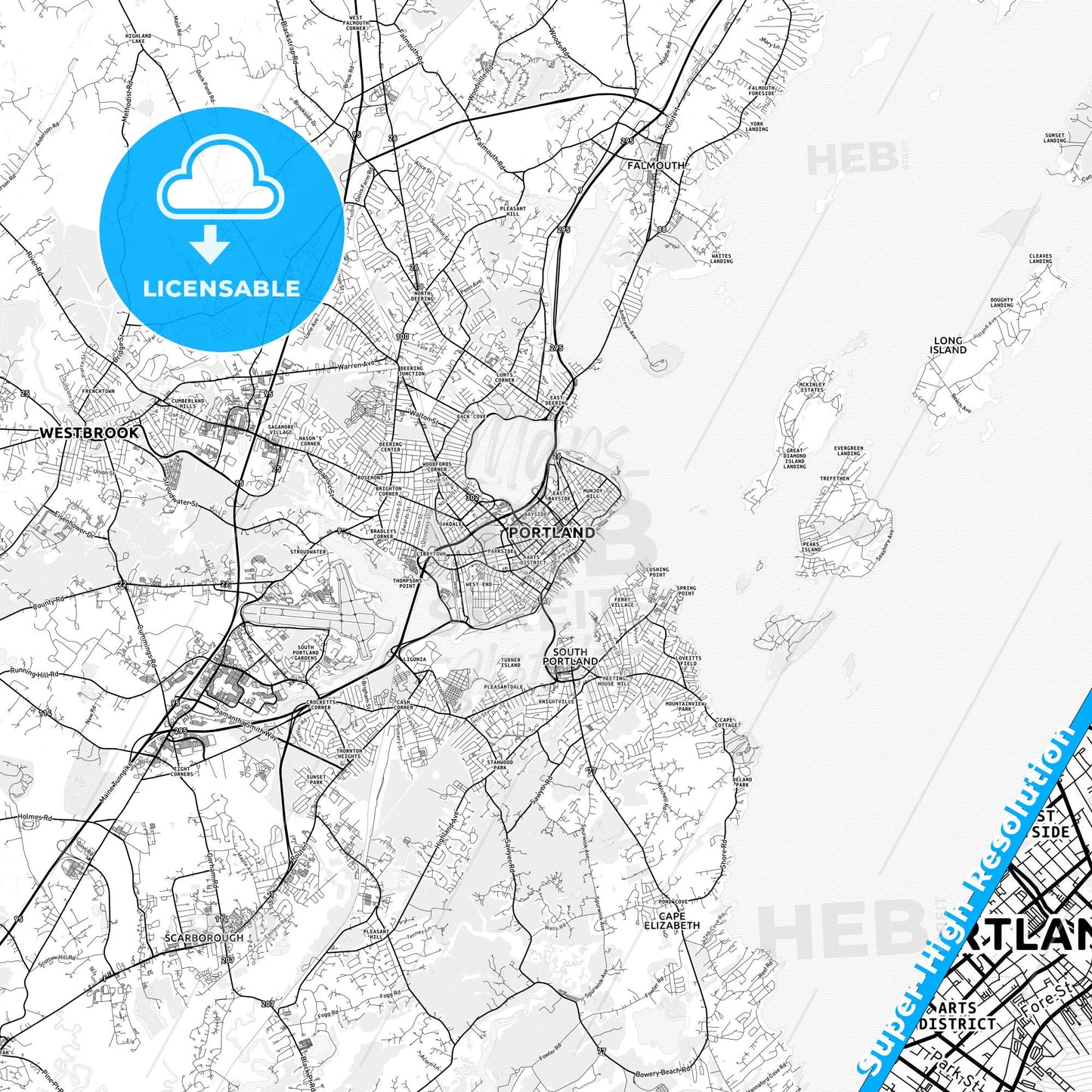 Portland, Maine light map with streetnames, citynames and districts