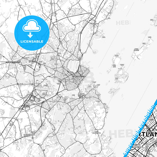 Portland, Maine light map with streetnames, citynames and districts